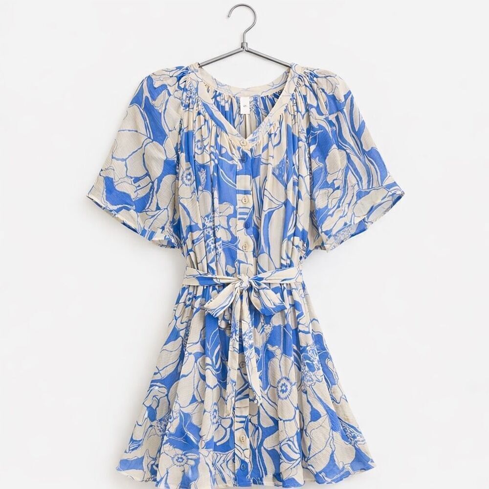 Anthropologie Blue Cream Floral Pleated Mini Dress S Belted Romantic Sheer Dress
